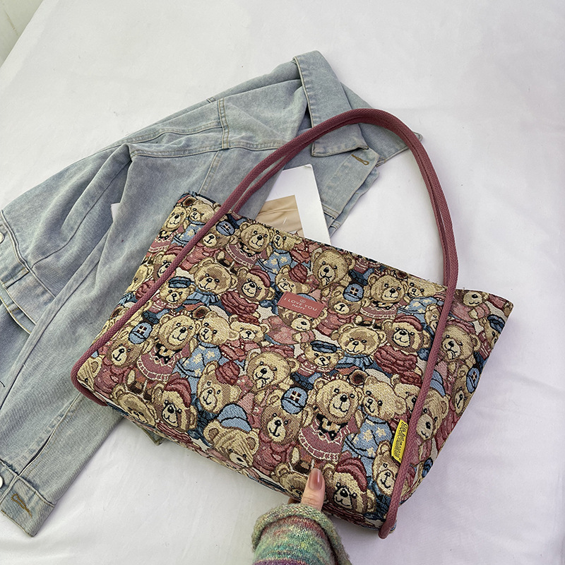 Cute large-capacity tote bag 2024 new style for going out, ins bear print single-shoulder bag, versatile commuting handbag Specification drawing