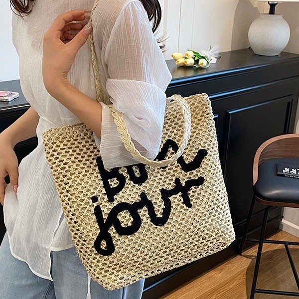 Letter-embroidered straw woven bag for women 2025 Summer New vacation-style beach bag for commuting hand-held woven bag for women details Picture