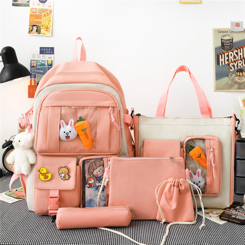 Five-piece backpack set, lightweight backpack for junior high school and senior high school students, backpack for primary school students, large-capacity backpack for girls, textbooks and annotations included details Picture