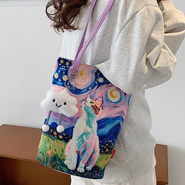 Printed cartoon fabric bag, Japanese-style single-shoulder bag, single-shoulder bag, tote bag, autumn and winter ins bucket bag, cute fabric Specification drawing