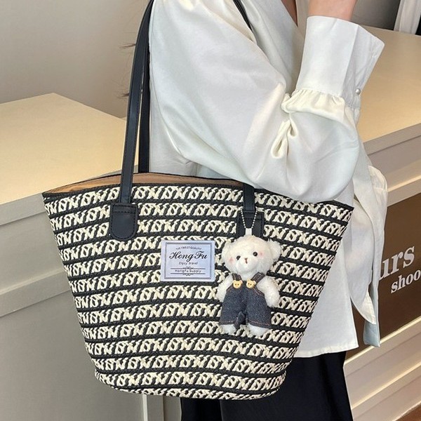 New 2025 large capacity straw woven bag for women, vacation beach, straw woven vegetable basket, commuter tote bucket bag Specification drawing