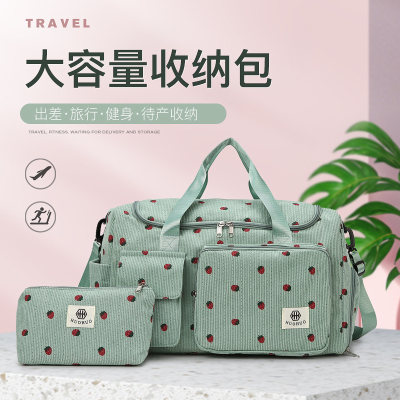 Strawberry travel bag, large-capacity corduroy luggage bag, women's lightweight hand-held crossbody bag, multi-functional sports and fitness bag full figure