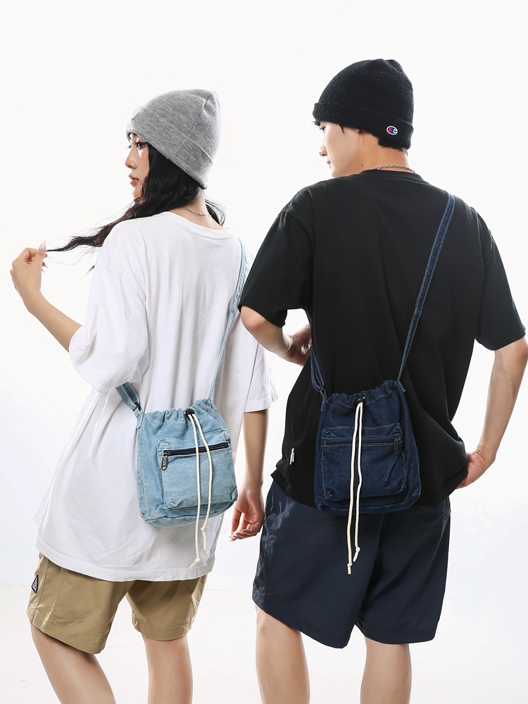 Washed denim canvas bag for women, 2024 new style single-shoulder bag, drawstring drawstring bucket bag, student crossbody bag, small backpack details Picture