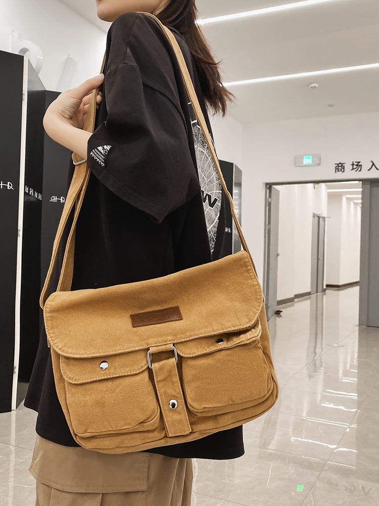 Japanese-style retro canvas crossbody bag, women's trendy brand large-capacity single-shoulder bag, college students' casual workwear style messenger bag Specification drawing