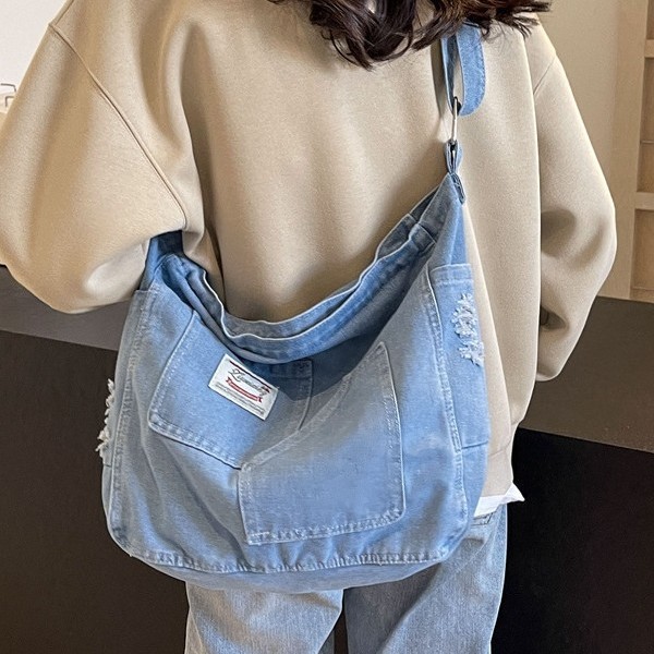 Korean style fashionable casual denim bag for women 2025 new simple commuting single-shoulder bag with large capacity tote bag Specification drawing
