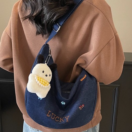 Fashionable new 2025Ins-style handbag, lightweight denim dumpling bag, large capacity and cute crossbody bag details Picture