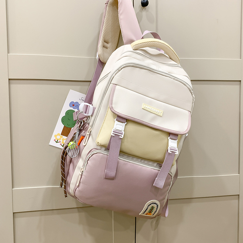 New large-capacity color-blocking schoolbag for campus students, waterproof, back-protecting, durable and lightweight backpack, trendy study and research backpack Specification drawing