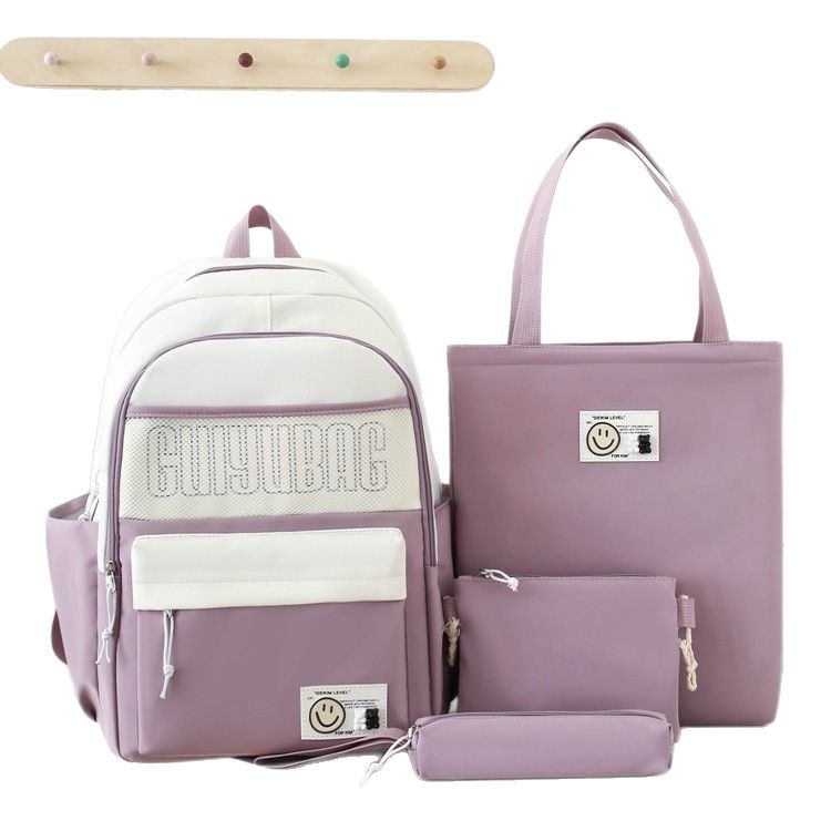 New color-blocking school-style backpack for junior high school students, large-capacity four-piece schoolbag for primary school students, and lightweight commuting backpack Item Picture