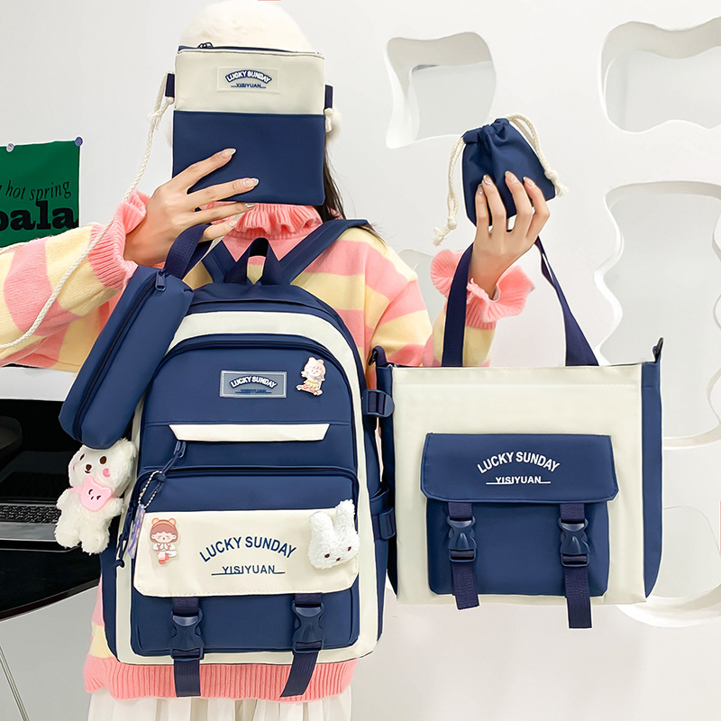 Five-piece schoolbag set, large-capacity backpack for junior high school and senior high school students, fashionable and simple color-blocking casual tutorial backpack for girls Application Scenario