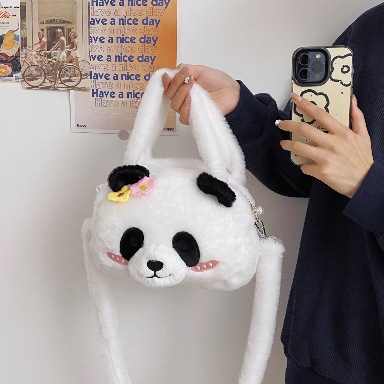 New cute panda doll crossbody bag, new flower panda doll plush bag, children's versatile claw machine doll full figure