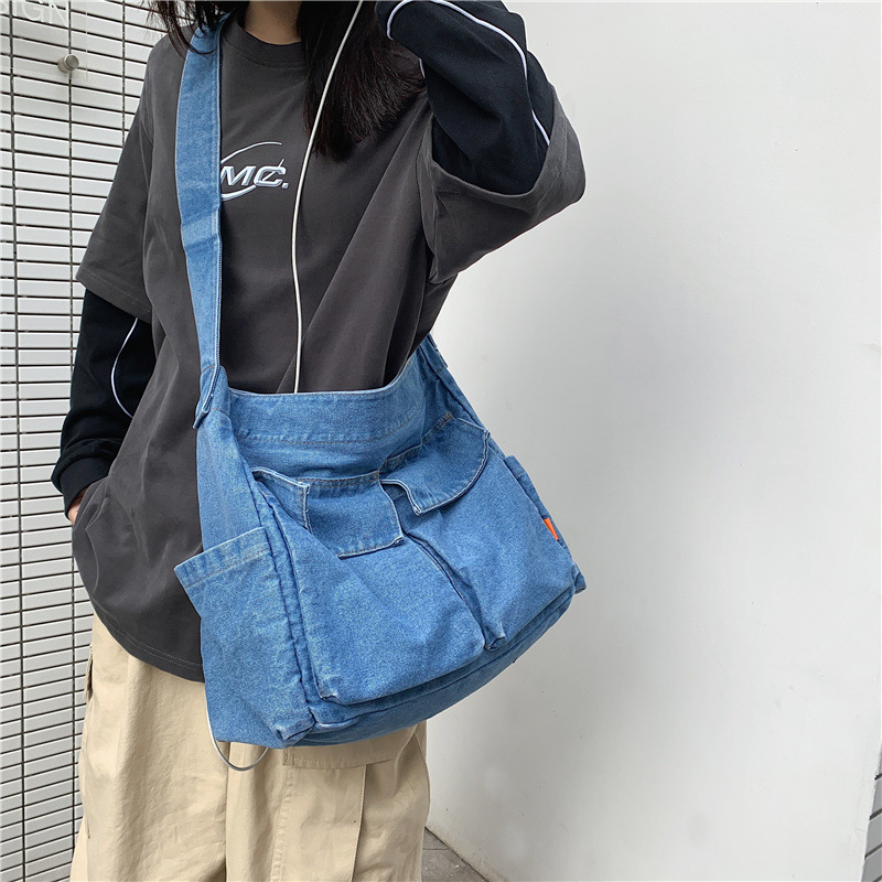 Denim bag, Korean-style artistic single-shoulder bag, tote bag, Japanese-style Harajuku retro laid-back style women's large-capacity crossbody bag details Picture