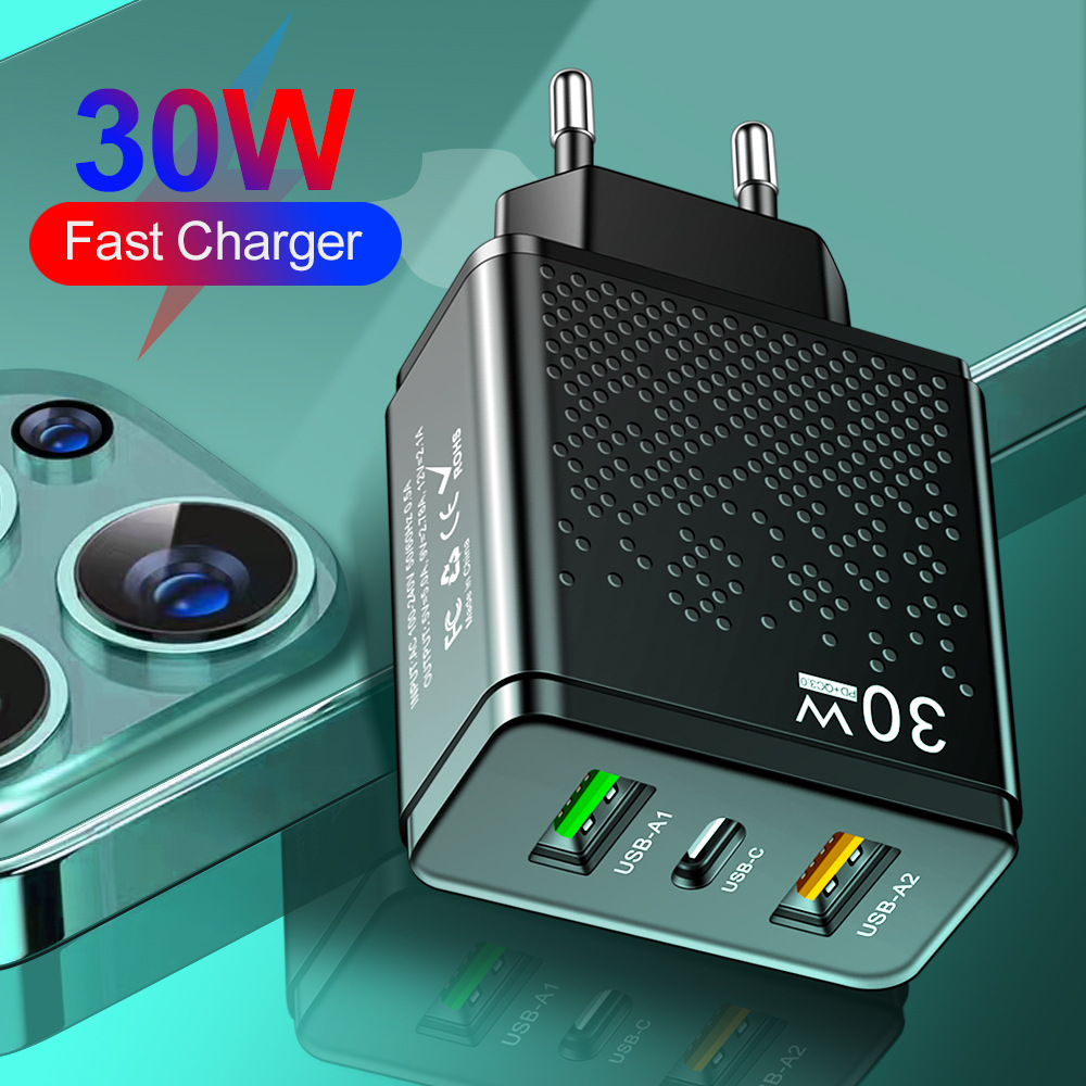 New LED 2USB+PDType-c mobile phone charger with multiple ports for US, European and British travel charging full figure