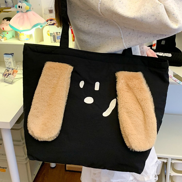 Cute cream-patterned, fluffy, cotton-padded, large-capacity single-shoulder canvas bag, Tote, large-capacity, original design cartoon bag details Picture