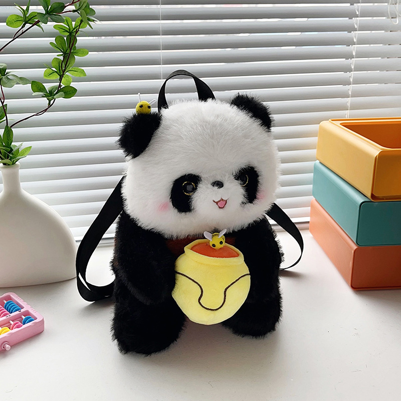 Cartoonson-style honey jar panda backpack, cute and soft, realistic panda plush toy children's backpack full figure