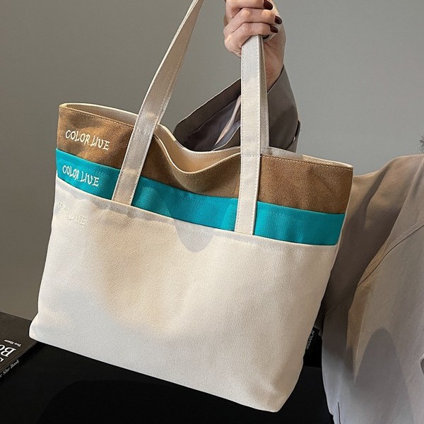 New large-capacity tote bags for autumn and winter, student canvas bags, hand and shoulder bags, color-blocking casual and trendy tote bags details Picture