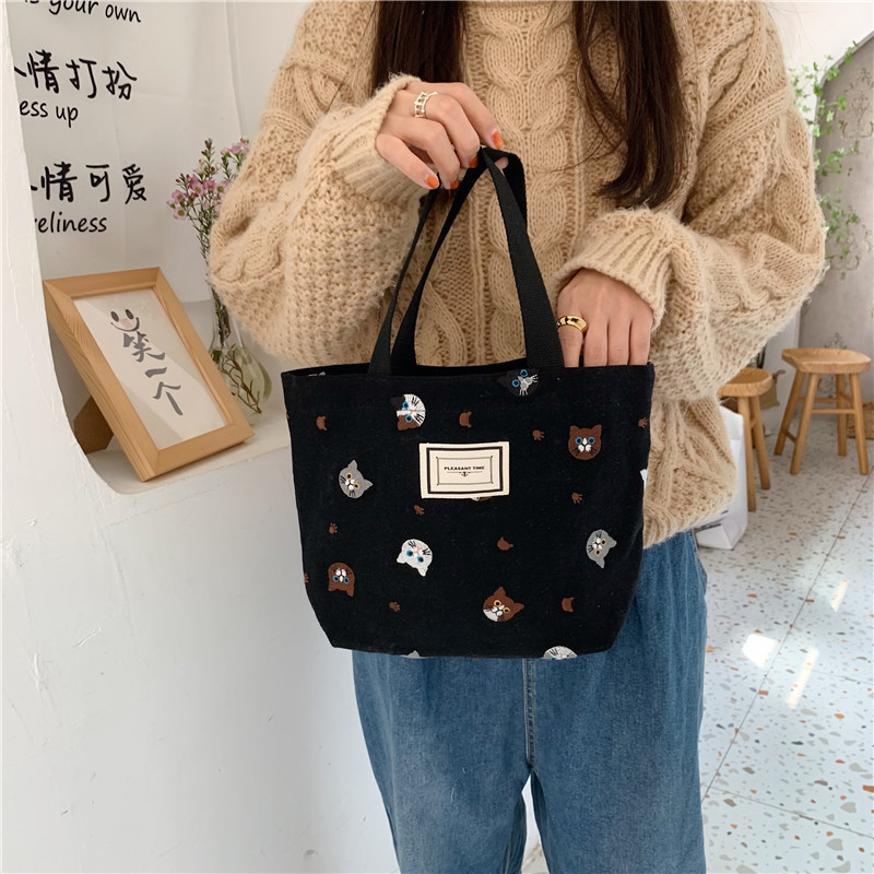 11262 Japanese embroidered cat handbag, Korean-style artistic and cute bento bag, small cloth bag for students to carry to work details Picture