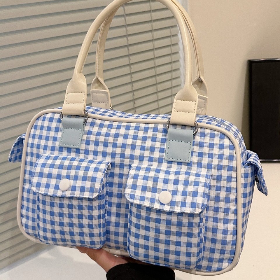 Fashionable checkered bag with large capacity, Japanese-style cute checkered handbag, girlish picnic bag, new style bag full figure