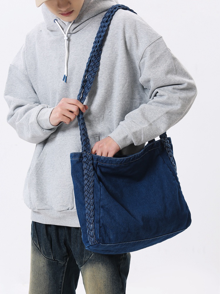 Retro washed denim canvas bag for women, large-capacity casual and simple solid-color single-shoulder bag, college student crossbody bag details Picture