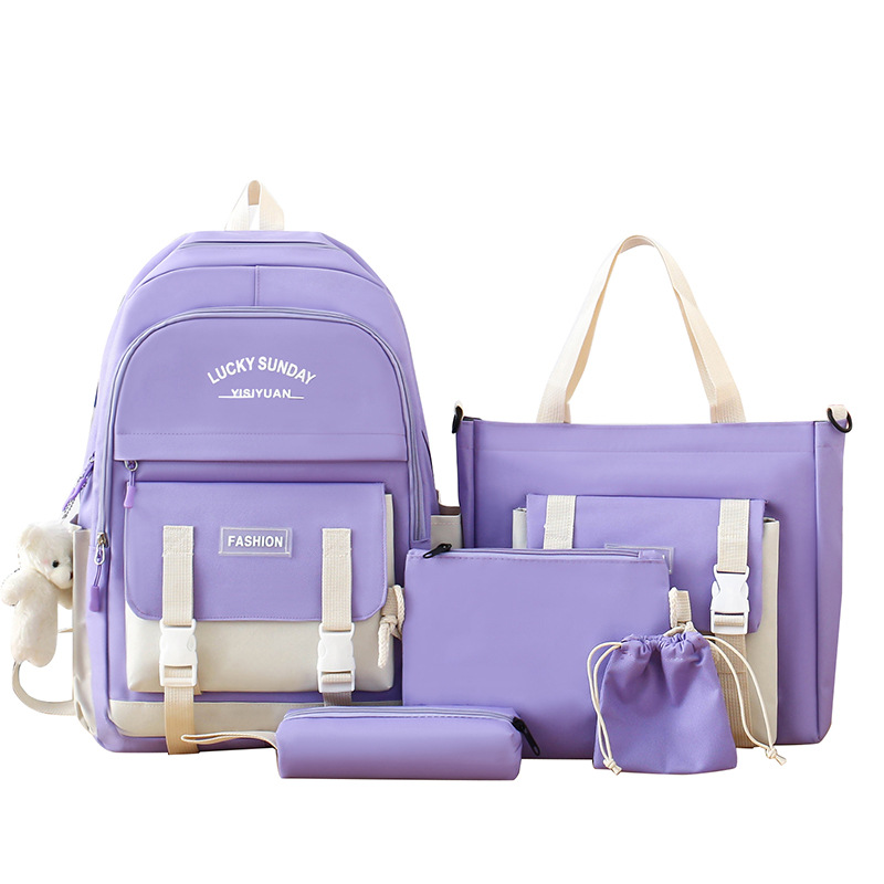 Forest-style simple schoolbag for girls, Korean version, lightweight and large-capacity backpack, five-piece set for hand-held after-school tutoring in primary and junior high school Item Picture