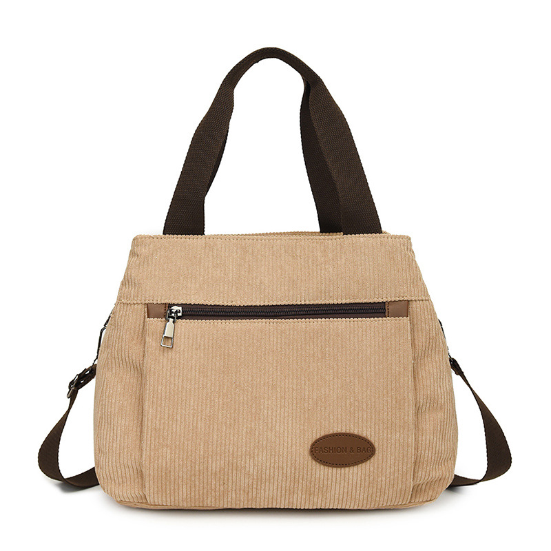 Retro and simple large-capacity corduroy fabric bag, women's hand-held shoulder crossbody bag, multi-compartment commuting bag, multi-functional bag Item Picture