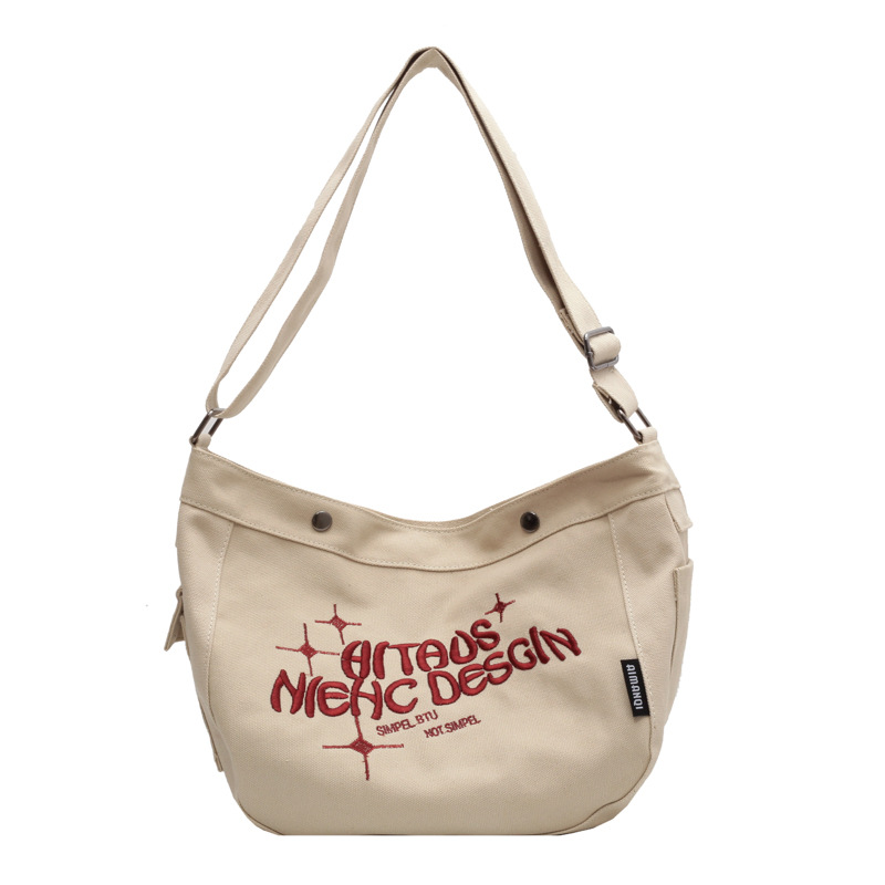 New Korean version canvas bag for women, large-capacity single-shoulder crossbody bag, college student class bag, letter-embroidered tote bag Item Picture