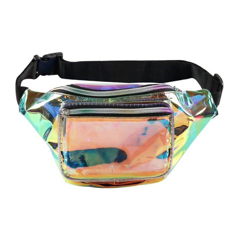 Amazon's in-stock colorful laser PVC sports waist bag, multi-pocket adjustable shoulder strap, outdoor waterproof storage bag full figure