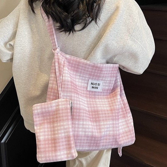 Checkered color-blocking canvas bag, women's large-capacity student commuter tote bag, computer bag, versatile casual single-shoulder crossbody bag Specification drawing