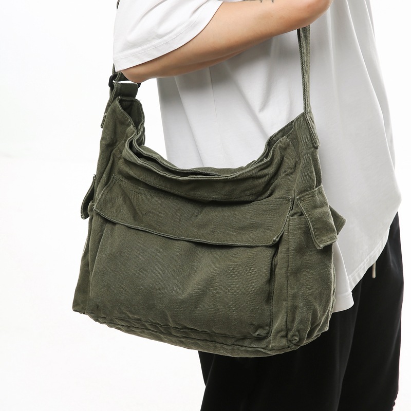 Japanese-style washed canvas bag, large-capacity single-shoulder bag for women, class bag for junior high school, senior high school and college students, workwear style crossbody bag full figure