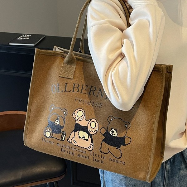 New bear canvas bag for portable work, small size, hand-held lunch bag, hand-held canvas bag, large-capacity travel bag details Picture