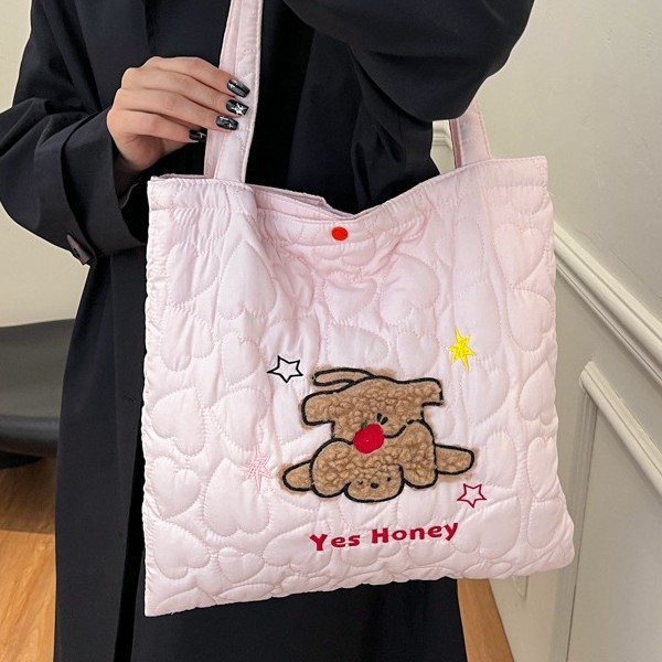 Homemade cute apple puppy cotton bag, large-capacity double-layer single-shoulder bag, new quilted cotton heart-shaped tote bag for autumn and winter full figure