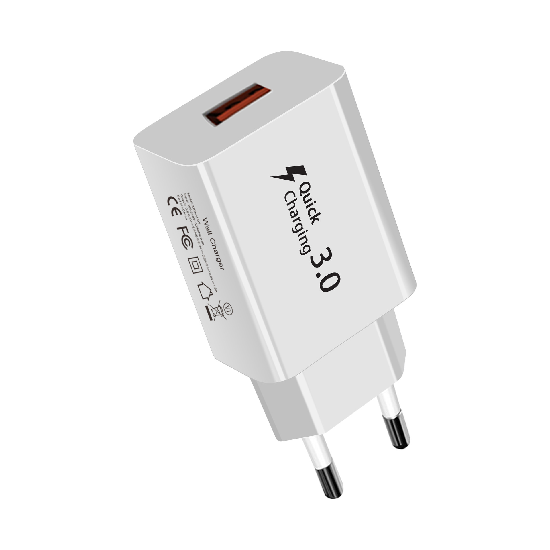 The QC18W European standard fast charging head is suitable for Samsung chargers S7, S8, S9, and Apple 15 fast charging USB plugs. Original manufacturer Application Scenario