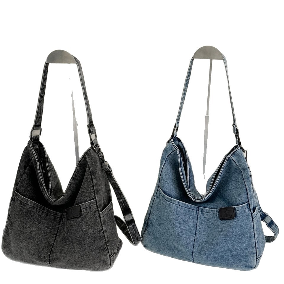 New large-capacity casual bag, women's trendy denim flash tote bag, solid color, lightweight, waterproof, multi-purpose backpack Item Picture