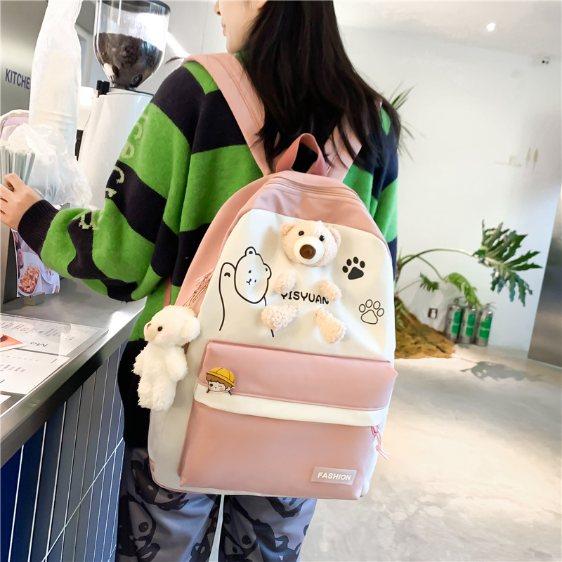 New large-capacity student backpack for girls, fashionable and simple nylon shoulder backpack, cartoon bear student backpack details Picture