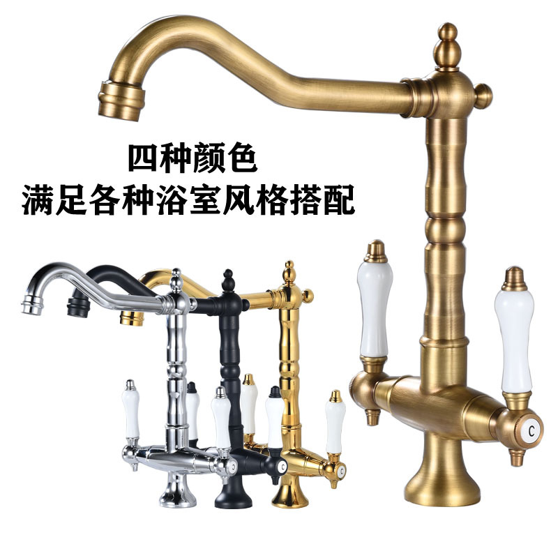 Export black antique cold and hot water faucets, washbasins, kitchen rotating faucets, antique chrome-plated double-handle faucets full figure