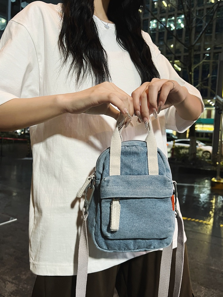 Denim small backpack, Japanese retro crossbody bag, solid color simple single-shoulder phone bag, casual summer small square bag details Picture