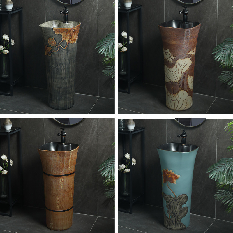 Ceramic one-piece floor-standing column washbasin, retro art, homestay household washbasin, balcony sink column basin details Picture