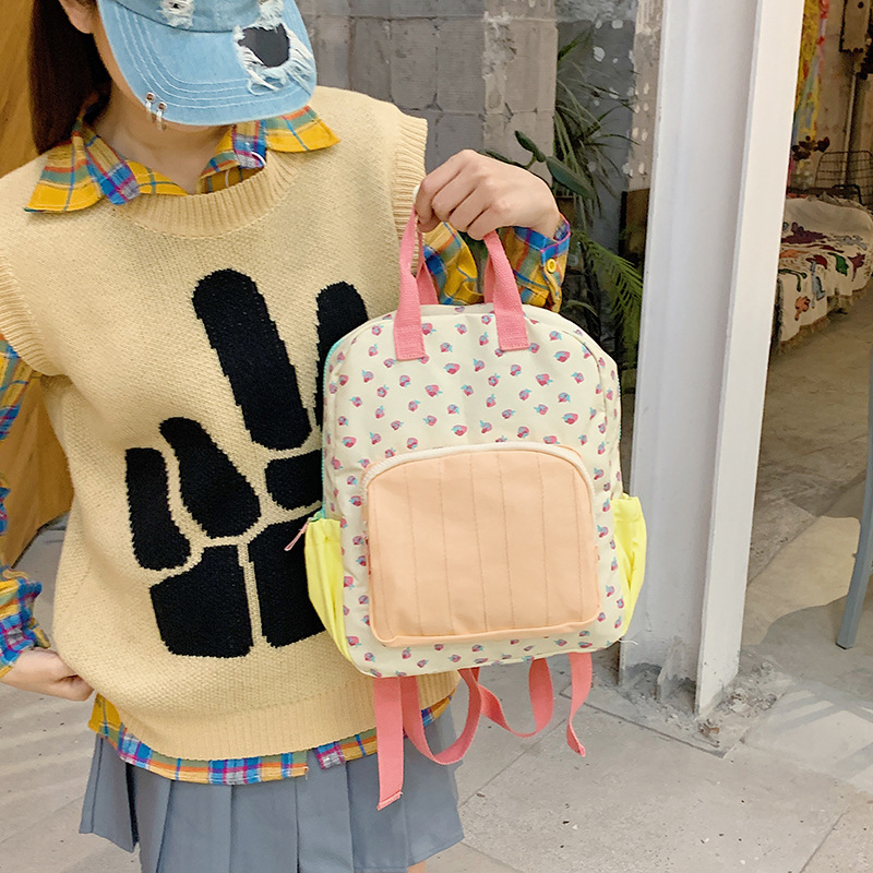 New women's color-blocked small backpack, dopamine cute strawberry small travel backpack, high appearance level backpack details Picture