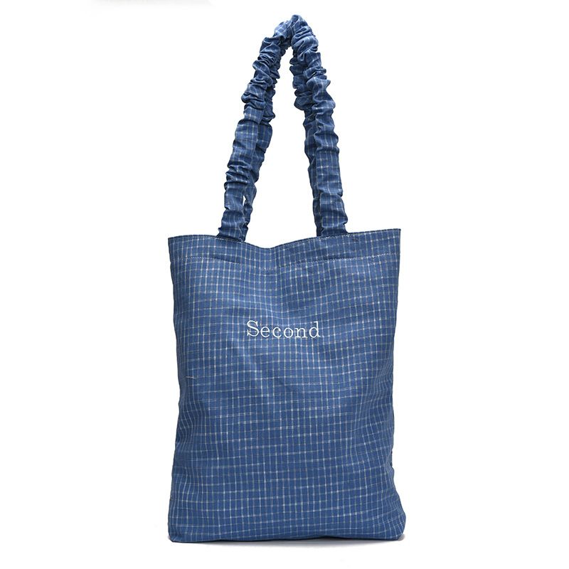 Korean checkered pattern spring and summer design simple embroidered letter stripe fabric bag for women, ins pleated versatile shoulder bag Item Picture