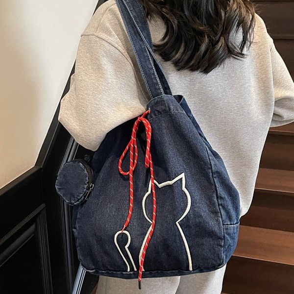 Large-capacity cute kitten bag for girls, 2025 new style casual and simple single-shoulder bag, trendy commuting student class tote bag Specification drawing