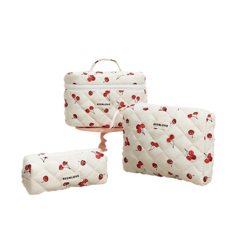 Runhui Cherry Secret Language Makeup Bag, fashionable quilted makeup bag, Fruit Pattern Makeup bag, large capacity, high-end feel Item Picture