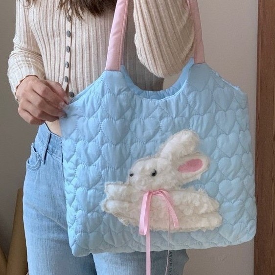 2024 New large-capacity fabric bag, women's plush rabbit embroidery color-blocking heart quilted single-shoulder bag, college student bag full figure