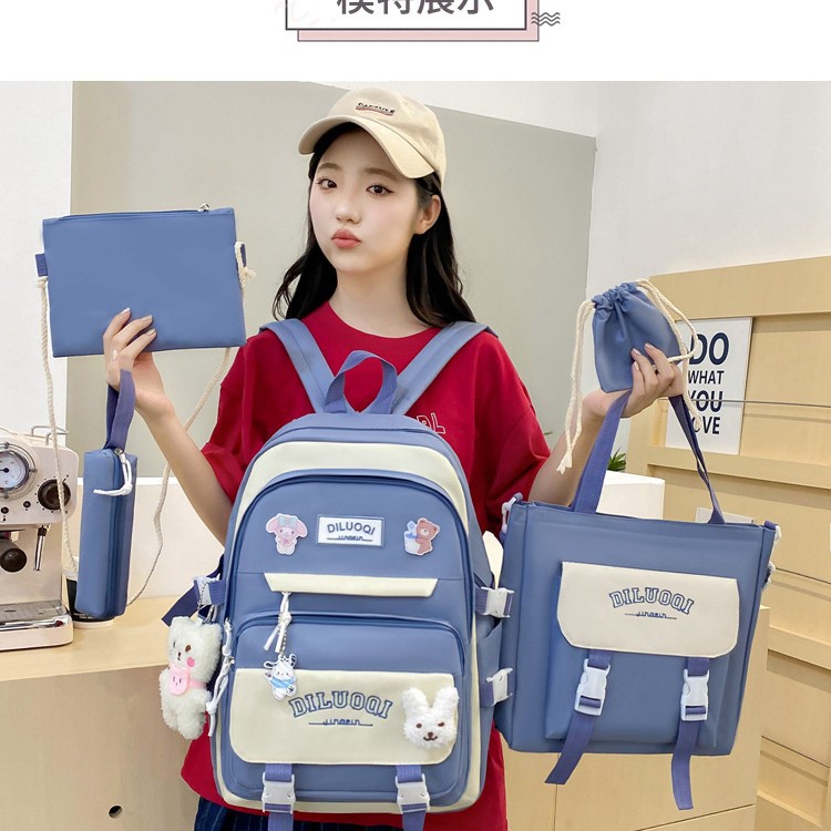 Korean InS-style cute, large-capacity, high-appearancelevel backpack, fresh and clean schoolbag, five-piece set, multi-functional tutorial bag Specification drawing