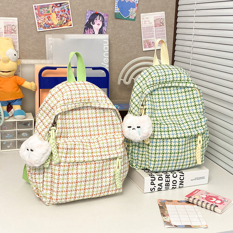 Cross-border fresh and clean backpack for children, Korean-style fashionable checkered backpack, large-capacity travel backpack full figure