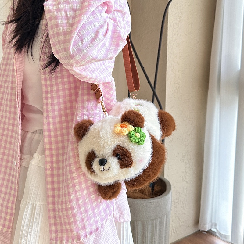 New cartoon flower panda single-shoulder crossbody backpack, large-capacity plush doll bag, claw machine doll exchange and wholesale Application Scenario