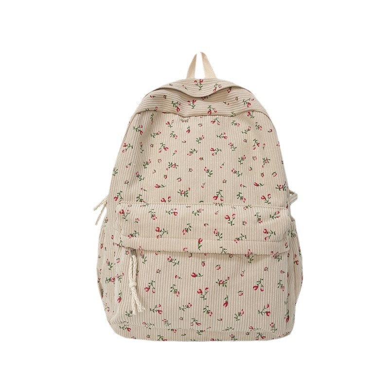 Japanese-style ins small flower schoolbag for girls, junior high school and senior high school students, corduroy design sense, unique and versatile backpack for girls Item Picture