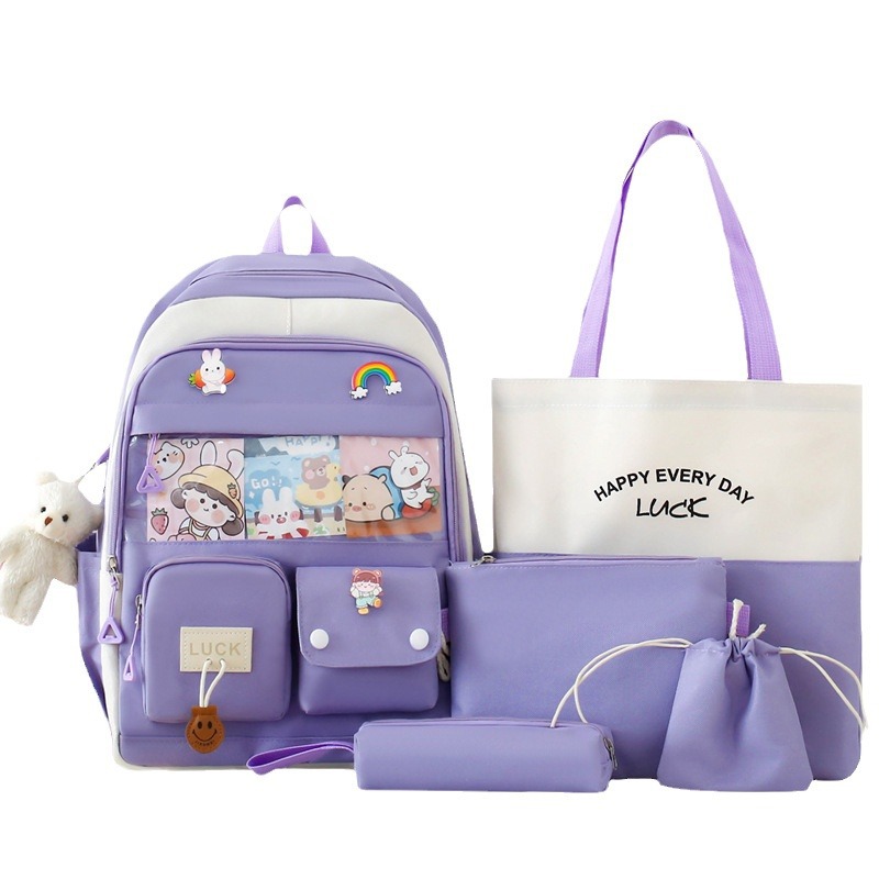 The manufacturer's new trendy five-piece schoolbag set for girls, a color-matched backpack for primary and secondary school students, a high-appearance-level, dirt-resistant backpack for cross-border use Item Picture