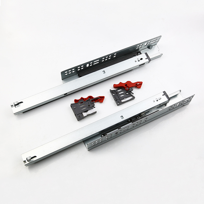 The new three-section bottom-mounted hidden slide rail for cabinet drawers is equipped with damping bottom rails and a press-rebounding concealed track Specification drawing