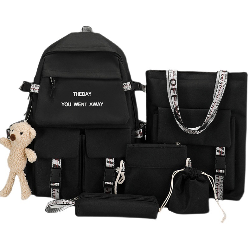 New nylon schoolbag five-piece set, fashionable Korean-style backpack, junior high school backpack, college student backpack, girls wholesale Item Picture