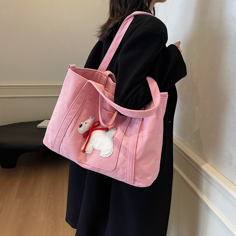 New corduroy tote bag, cute puppy, versatile single-shoulder bag, college student commuting to class, hand-held crossbody bag, female full figure
