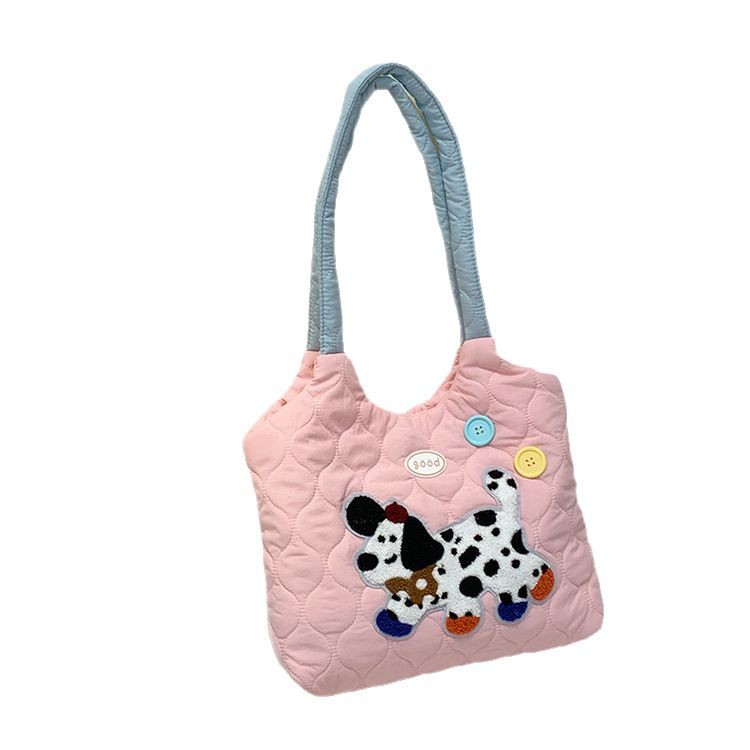 A niche design with a laid-back style student class backpack, a cute embroidered puppy color-blocking single-shoulder bag, and a large-capacity tote bag Item Picture